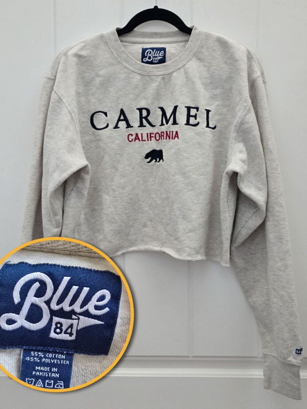 Carmel California Cropped Embroidered Sweatshirt Sz S Raw Hem Bear Graphic
